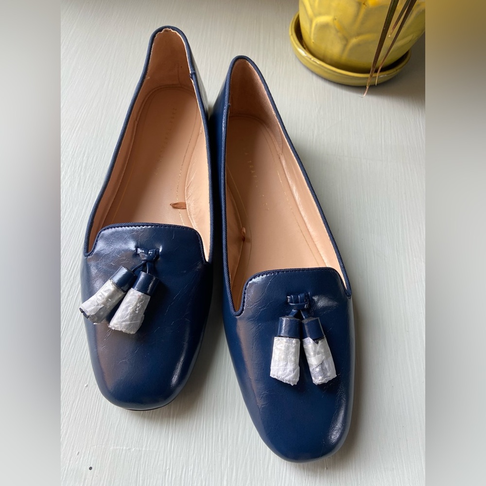 NEW ZARA Trafaluc navy blue tasseled ballet flats - Picture 4 of 11